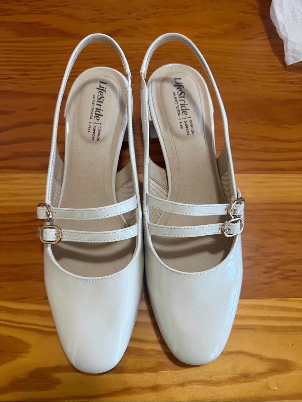 Life Stride Women's White Slingback Double-Strap Flats with Gold Buckles
